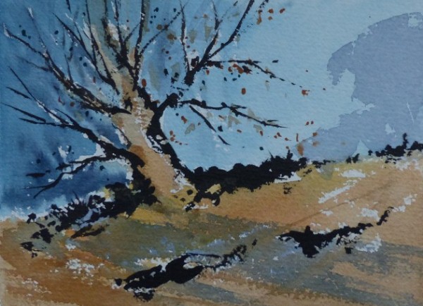 Painting of windswept autumn tree