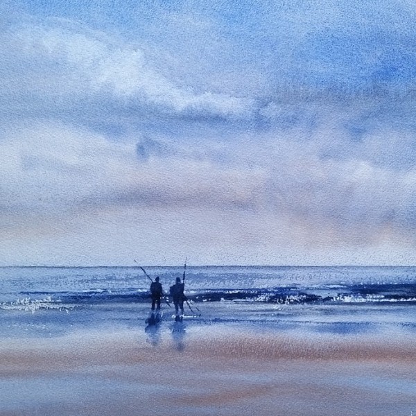 Painting of two fishermen on the beach