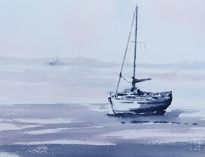 Painting of boat at dawn
