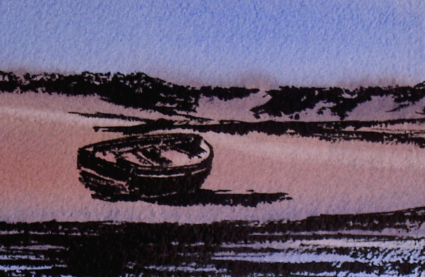 Painting of a boat at low tide