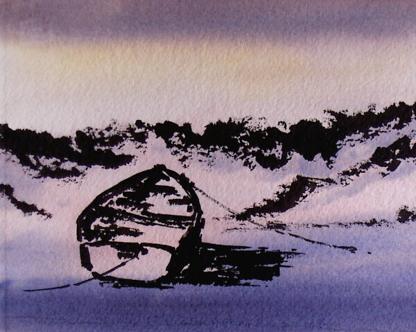 Painting of a boat at low tide