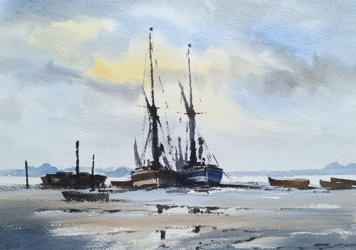 Painting of two barges at low tide