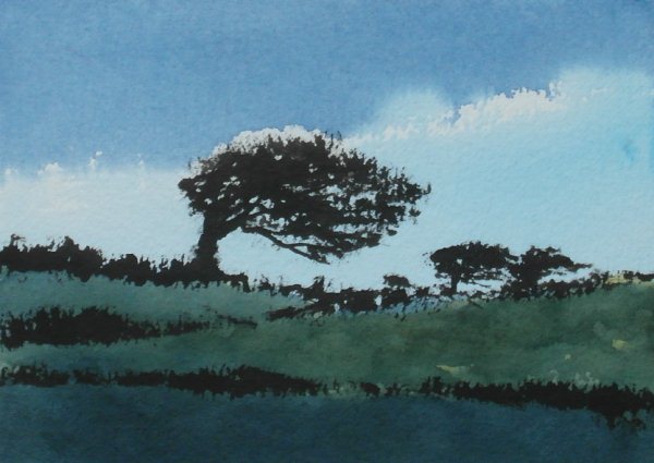 Painting of a windswept tree