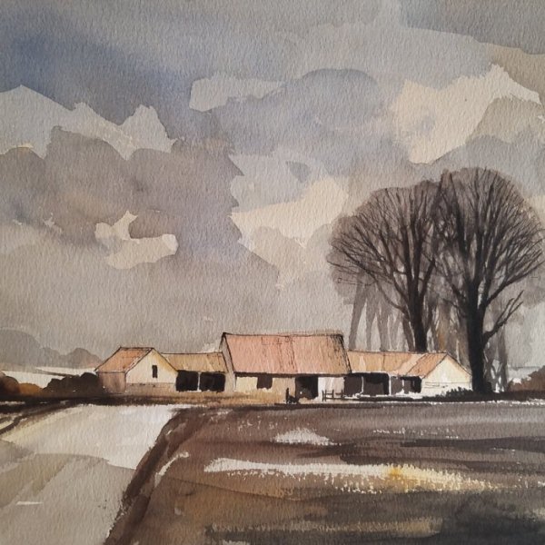 Painting of Norfolk farm in winter